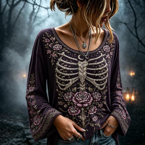 Womens Halloween Shirts Vintage Skeleton Bell Sleeve Crew Neck Top - image 2
