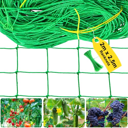 Ranknetz 2M x 2.5M - Ranknetz für Gurken & Kletterpflanzen, Gurkennetz Gartennetz mit 10cm Maschnweite, Pflanzennetz für Tomaten mit 50 pcs Pflanzenbindern, Rankhilfe für Kletterpflanzen