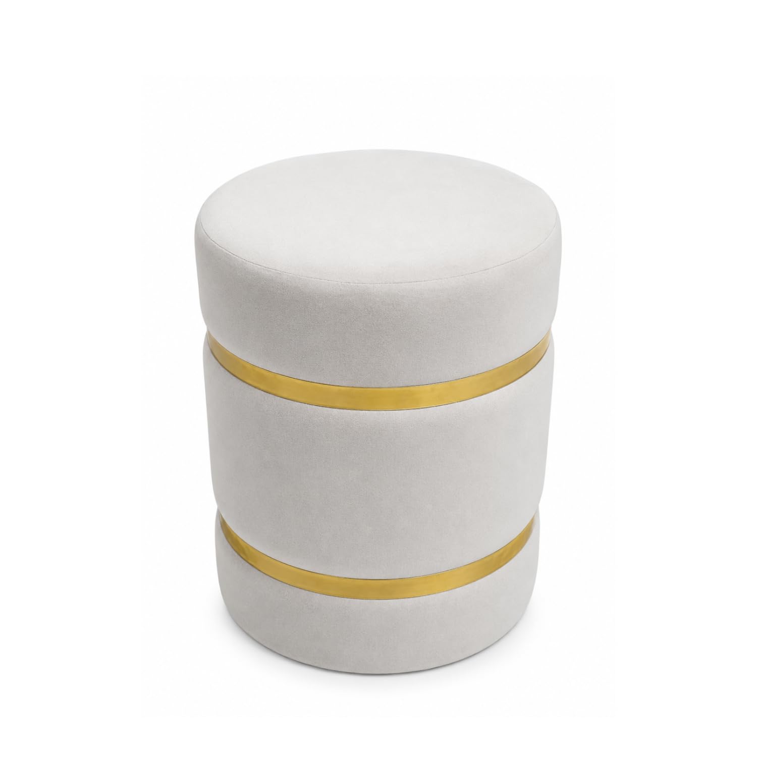 THE JACKER Luxury Velvet Round Ottoman Stool for Living Room & Bedroom | Modern Upholstered Pouffe Seat with Gold Metal Accent | Soft Footrest, Vanity Makeup Stool, Extra Seating | Cream White-image-27