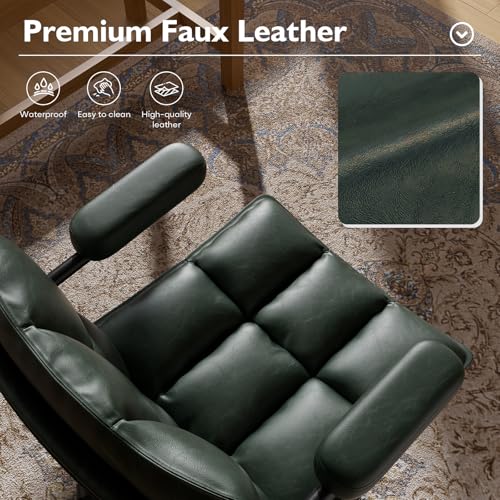 Image of Ollega Mid Century Modern Desk Chair, Vintage Leather Office Chair, Green | Petite Computer Chair for Small to Medium Women, Thickened Back, Cozy Seat, Adjustable Height for Home
