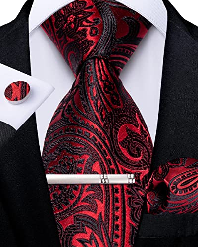 Image of DiBanGu Paisley Ties for Men Silk Necktie and Pocket Square Cufflinks Tie Clip Set Woven Classic Mens Tie for Wedding Party