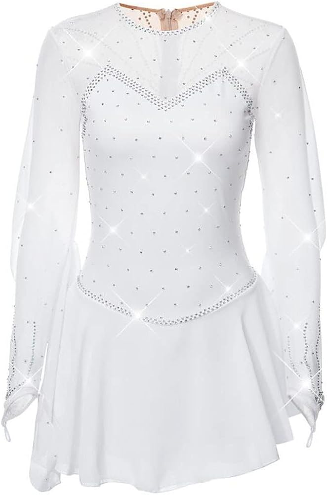Classic Ice Skating Dress with Crystals Girls Hooked Long Sleeve Figure Skating Performance Dress Gymnastics Leotard : Clothing, Shoes & Jewelry