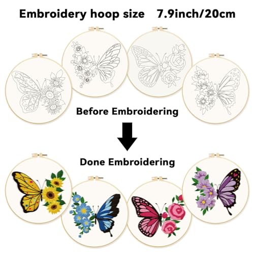 ORIGACH 4 Pack Flowers and Butterfly Embroidery Kits for Beginners DIY Starter Embroidery Kit with Floral and Butterfly Patterns and Instructions for Adults Women Crafting - Image 3