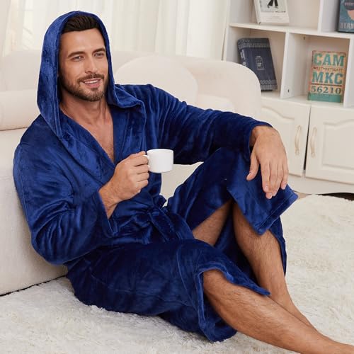 Image of Mens Hooded Fleece Robe, Lightweight Soft Warm Fleece Bathrobe Shower Spa Long Robe With Pockets