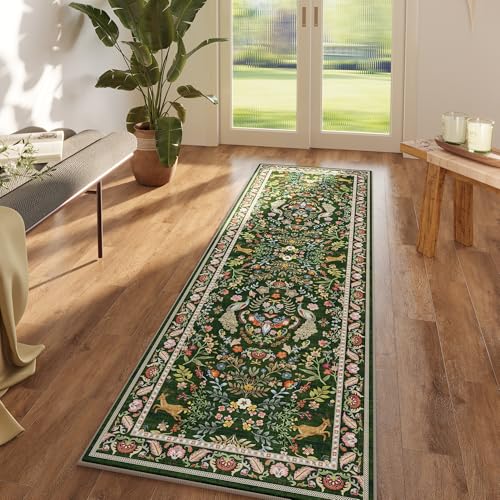 Rugcomf Runner Rug 2'7"x8' Floral Washable Non Slip, Emerald Green