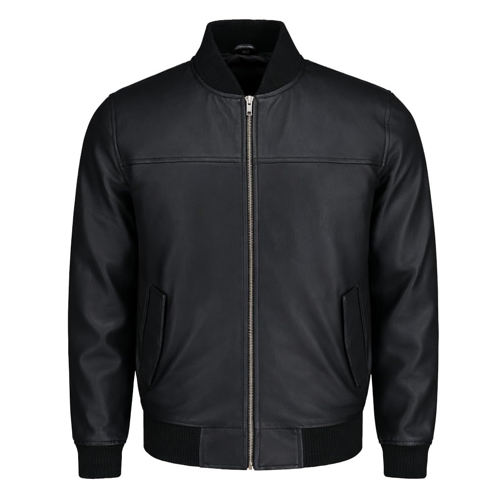 TLC Varsity Bomber Jacket Men | Ribbed Style Sleek Black Leather Bomber Jacket Men