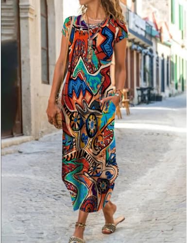 Image of Women Summer Casual Maxi Dress Floral Printed Loose Pockets Short Sleeve Split Boho Dresses