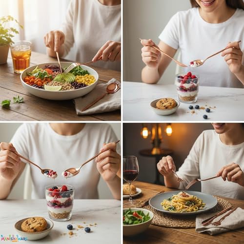 Image of Slim Handle Rose Gold 16 Pcs Stainless Steel Cutlery Set for Dining Table, Dishwasher Safe Glossy Flatware (4 Spoon Set + 4 Forks Set + 4 Butter Knife + 4 Dessert Spoon)