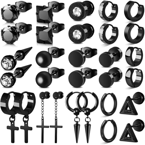 Black Earrings for Men, 15 Pairs Stainless Steel Men Earrings Set Hypoallergenic Cross Dangle Hoop Stud Earrings Piercing Jewelry
