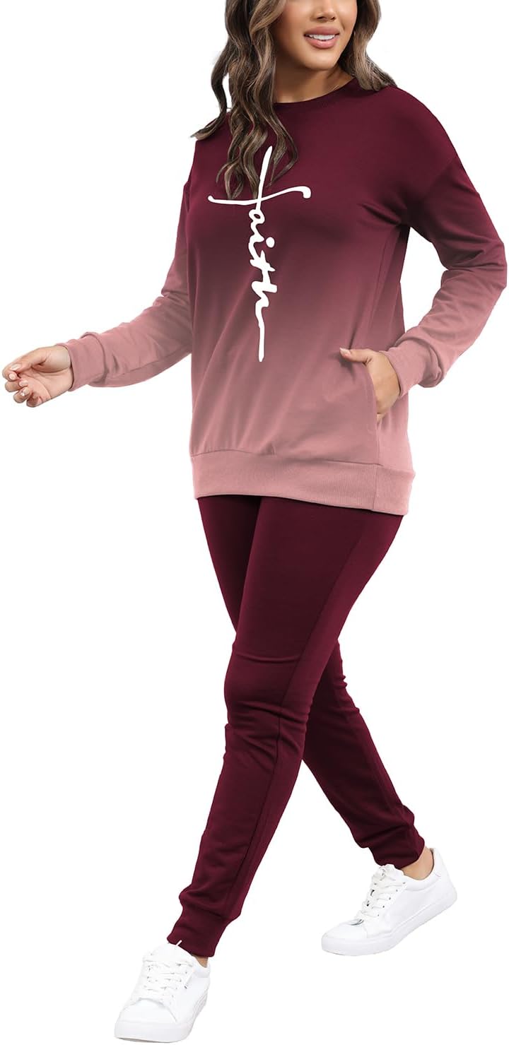 HBQ Two Piece Outfits For Women Casual Long Sleeve Sweatsuits Jogger Tracksuits Lounge Sets With Pockets-A-Gradient-XL - Image 5