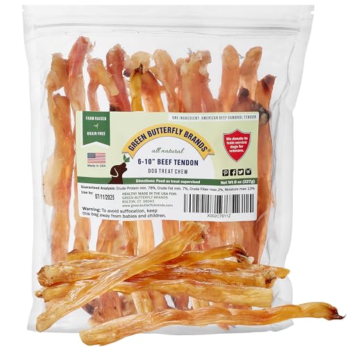 Green Butterfly Brands Beef Tendons for Dogs Made in USA. 6-10 Inch Grass Fed Farm-Raised American Beef Dog Treats. All Natural Dog Dental Chews. Grain Free Odor-Free Chews 8 Ounce