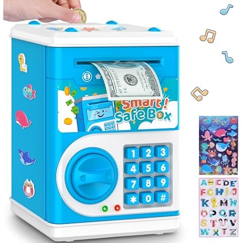Blue Piggy Bank for Kids, Electronic Coin Money Bank, Children's Safe Money Jar Toy Age 4 7 8 9 10 11 with Password Code Lock and Auto Grab Bill Slot, Great B-Day Xmas Toy Gifts for Kids Cover
