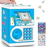 Blue Piggy Bank for Kids, Electronic Coin Money Bank, Children's Safe Money Jar Toy Age 4 7 8 9 10 11 with Password Code Lock and Auto Grab Bill Slot, Great B-Day Xmas Toy Gifts for Kids