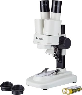 AMSCOPE-Kids SE100Z-LED Portable Binocular Stereo Microscope, WF10X and WF20x Eyepieces, 20X and 40X Magnification, 2X Objective, LED Light Source, Reversible Black/White Stage Plate, Battery-Powered