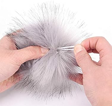 Pack of 6 Faux Fox Fur Pompoms 3.9inch/10CM Furry Pom Pom Ball with Elastic Loop Knitting Crafts Hat Charm Accessories Grey