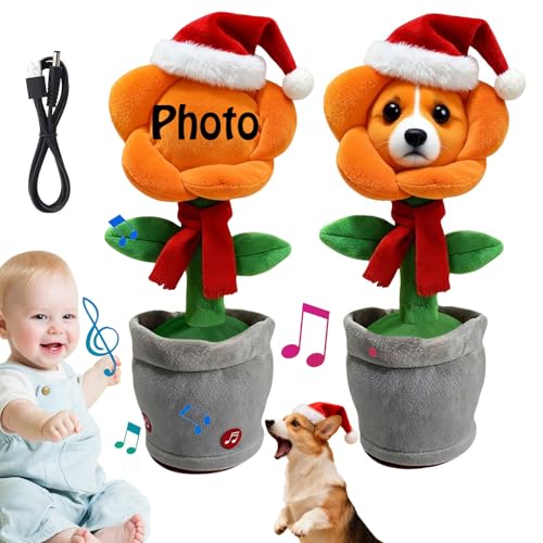 Custom face plush, dancing flower, New Christmas Personalized singing and talking sunflower toy, Voice Recording, Interactive Birthday Festival, Gift Box, singing cactus, click on plush (C Saffron)