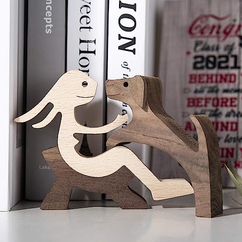 Jognee Handgefertigte Holzstatue, Welpen-Holzschnitz-Ornamente, herzerwärmendes Geschenk für Hundeliebhaber, Bastelfigur, Holz, kleine Dekorationen für Zuhause, Büro, Wohnzimmer (B - Damen + Hund)