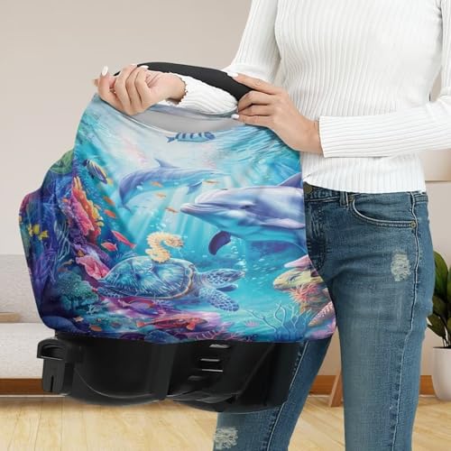 Image of Youngerbaby Dolphin Turtle Baby Car Seat Covers Nursing Cover Breastfeeding Soft Infant Carseat Canopy,Stretchy Breathable Cover for Stroller High Chair Shopping Cart Canopies