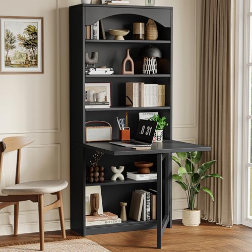 Einhomn Folding Desk with Storage Space-Saving Foldable Convertible Writing Table Wall Mount Fold Out Computer Desk for Home Office Craft Room Living Room Bedroom Black