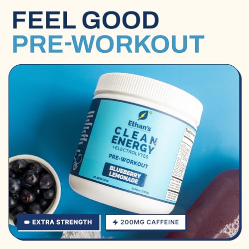 Image of Ethan's Feel Good Pre-Workout & Hydration Drink Mix, 200mg Plant-Based Caffeine, Electrolytes & Adaptogens, Vegan Organic - Blueberry Lemonade, 30 Servings