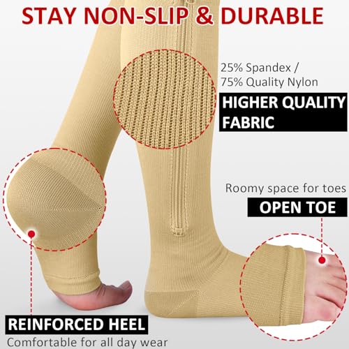Image of Ailaka 3 Pairs Compression Socks with Zipper, 15-20 mmHg Medical Knee High Compression Socks for Men Women, Open Toe Socks for Varicose Veins, Edema, Recovery(Beige, XXL)