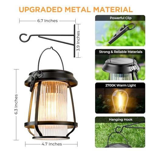 Solar Lanterns Outdoor Waterproof, Metal Hanging Solar Lights Outdoor with Hooks Wall Mount Kit, Solar Powered Lanterns for Garden Porch Patio Fence Decorative 4 Pack (Warm Light)