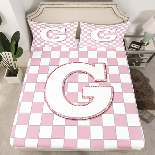 Image of Erosebridal Pink Initial G Bedding Set Full Kawaii Plaid Checkered Bed Sheets Cute Personalized Monogram Sheet Set Kids Girls Teen Women,Fashion Grids Gingham Fitted Top Sheets 4 Piece