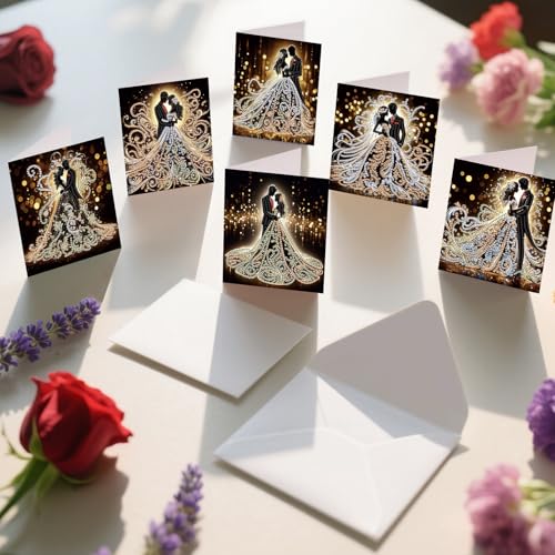 Image of AiYuanzsh 6 Pack Diamond Painting Greeting Cards with Envelopes, DIY 5D Diamond Art Card Kit Romantic Wedding Couples, 30x15cm Handmade Rhinestone Cards Crafts for Wedding Wishes and Celebration