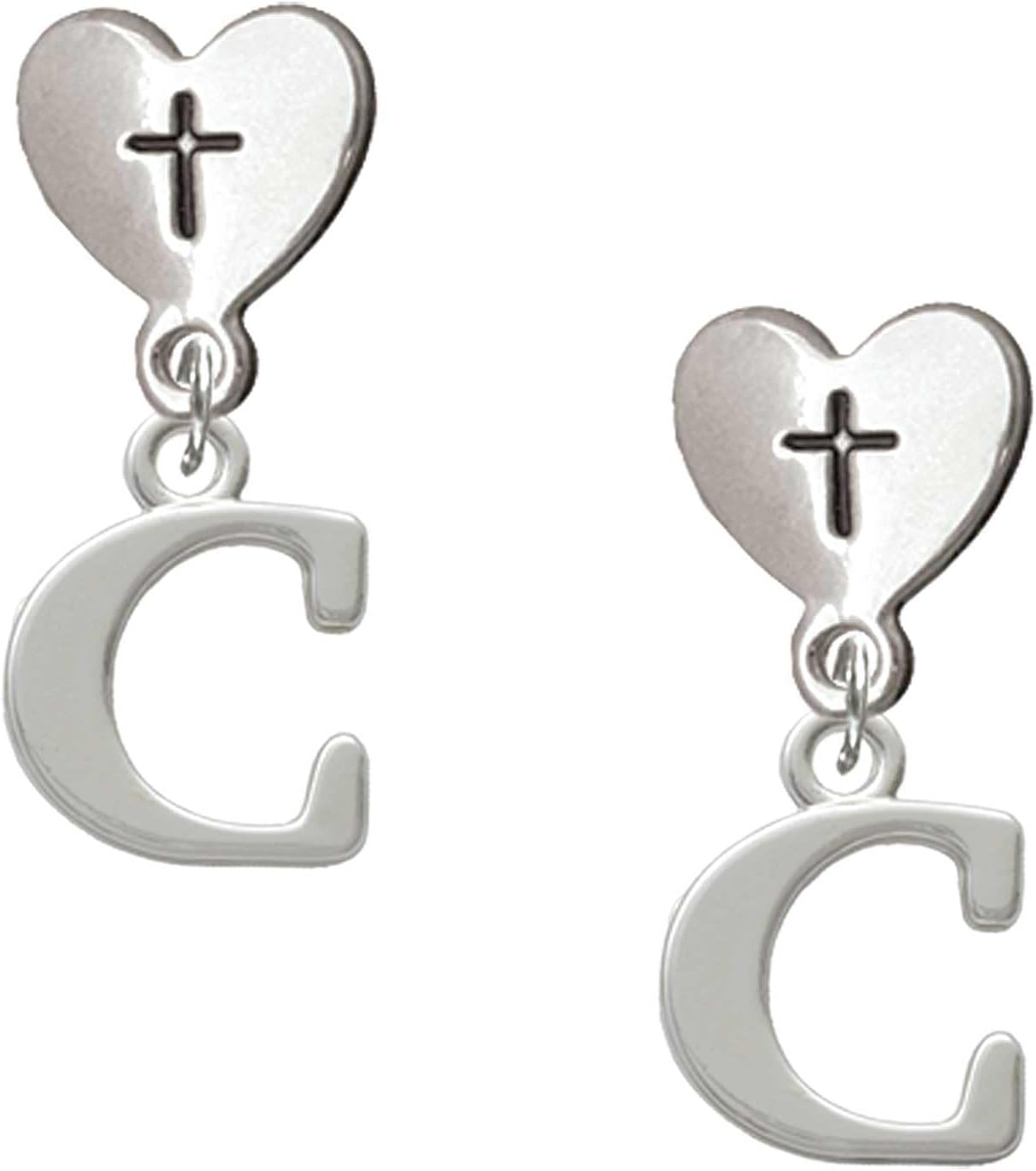 Delight Jewelry Silvertone Large Initial - Cross in Heart Post Dangle Earrings