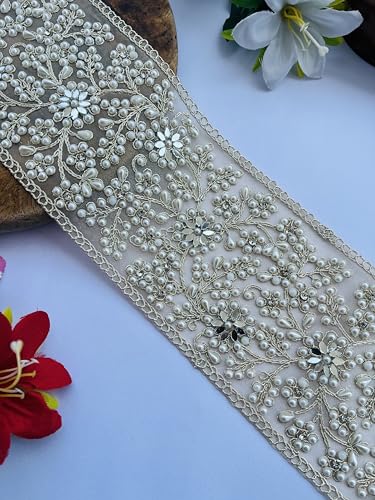 Ribete de encaje Zari dorado premium hecho a mano con perlas y espejos, 4" 3