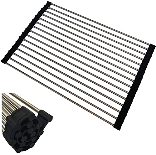 Roll Up Dish Drying Rack Over The Sink Dish Drying Rack Portable Stainless Steel Rolling Rack Kitchen Rolling Dish Drainer Sink Rack Mat Dish Racks for Kitchen Sink Counter (17.8" L x 11.8" W, Black)