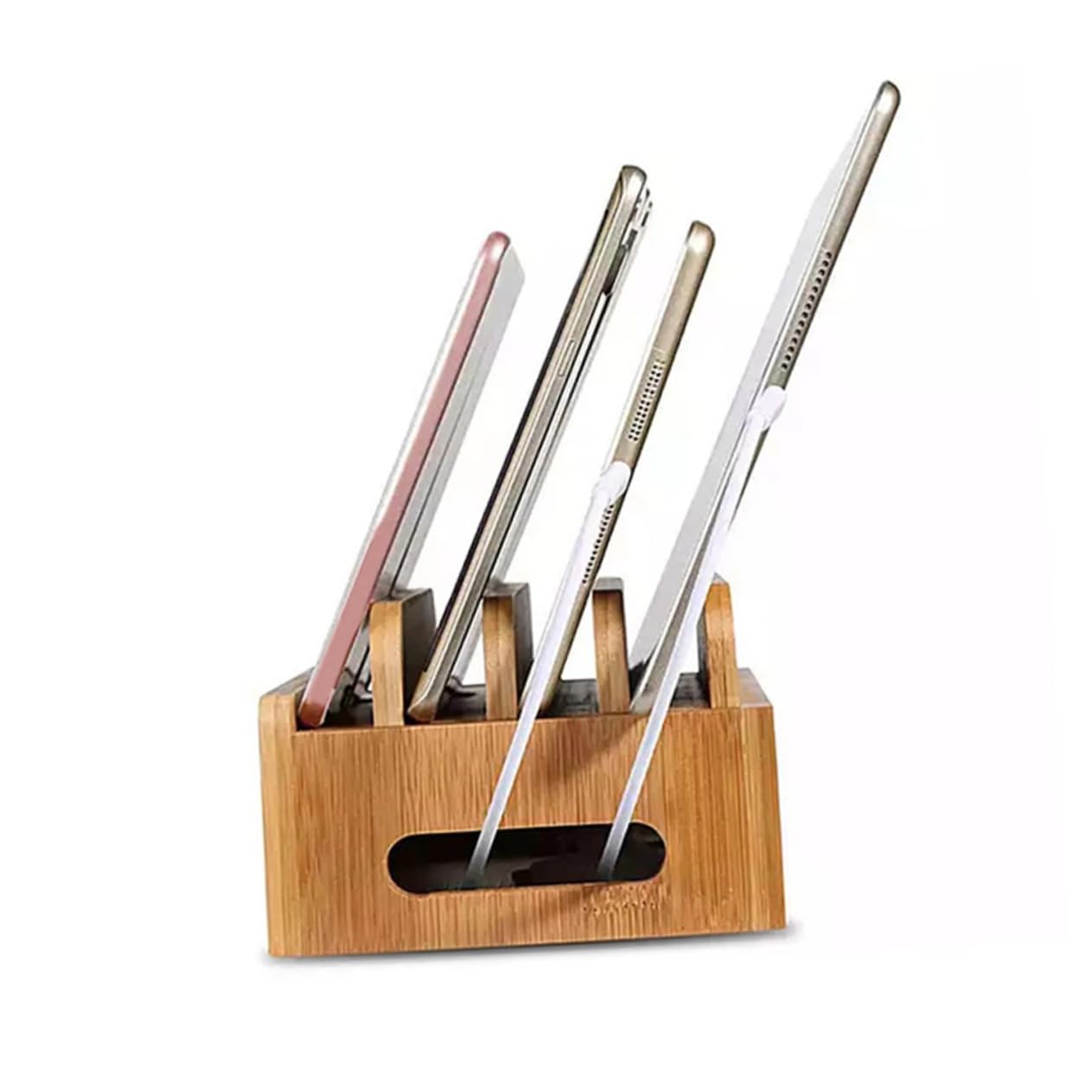 Supporto da Scrivania in Legno per Telefono e Tablet Beige | Base di Ricarica Usb, Coperchio Rimovibile, Organizzazione Domestica e Carica Simultanea