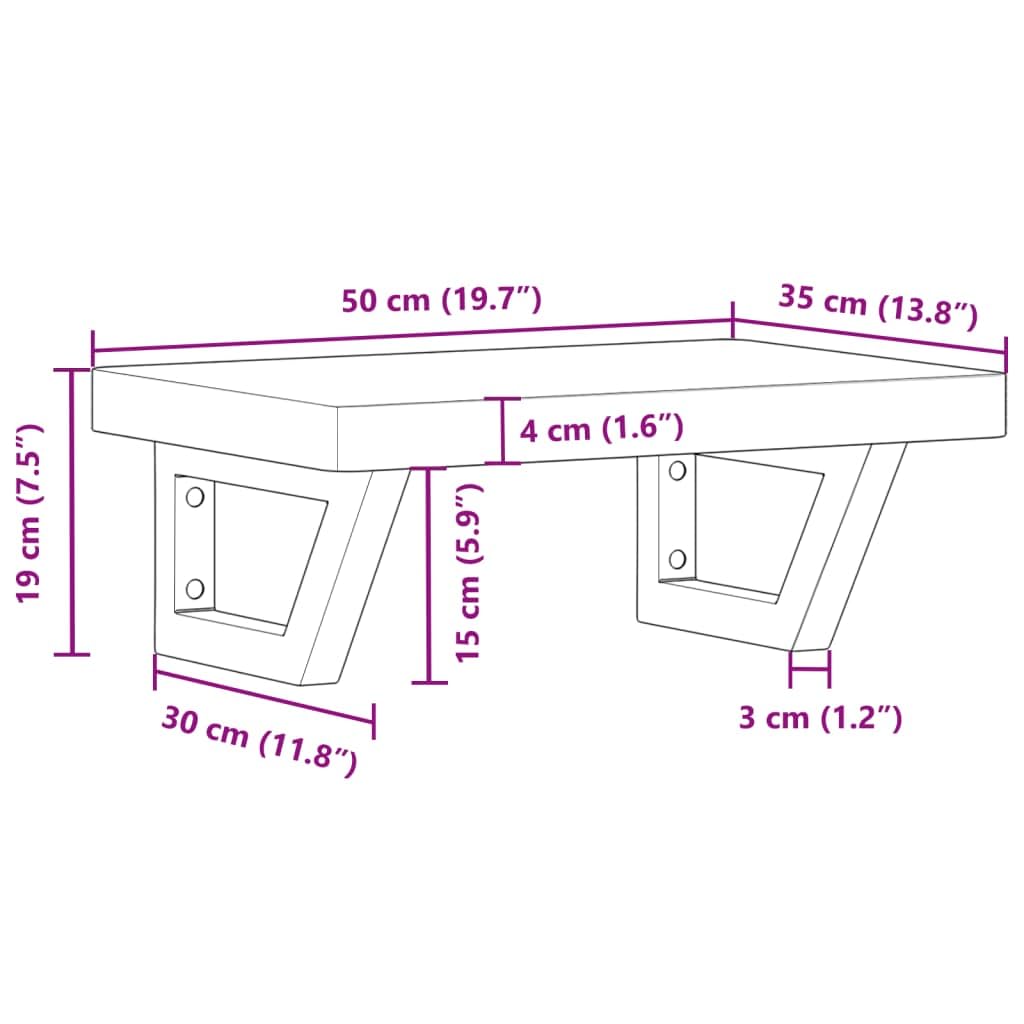 Estantería para lavabo de pared de acero y madera de haya maciza, 50 x 35 x 4 cm, con soporte trapezoidal, ahorra espacio para baño y lavabo, soporta hasta 100 kg
