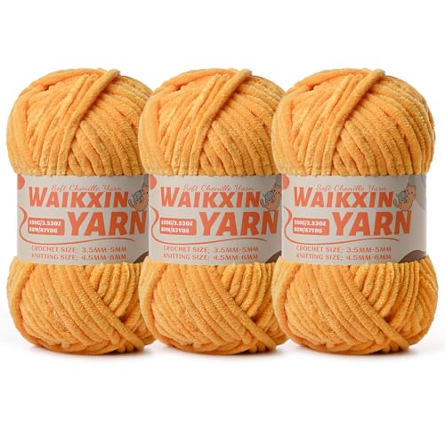 Image of (3 Golden Yellow) 3 Pack Super Soft Fuzzy Chenille Chunky Yarn for Crocheting, 300g (261yds) Velvet Fluffy Amigurumi Yarn for Hand Knitting Baby Blankets Weaving Craft