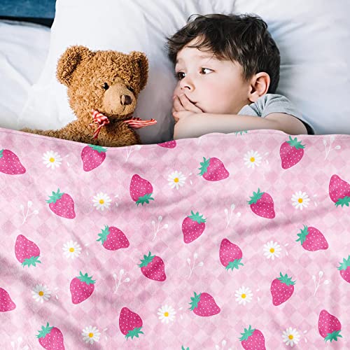 Sowide Strawberry Blanket, Pink Checkered Blanket Throw Gift for Baby Girl Soft Lightweight Strawberry Flower Flannel Blanket - Image 2