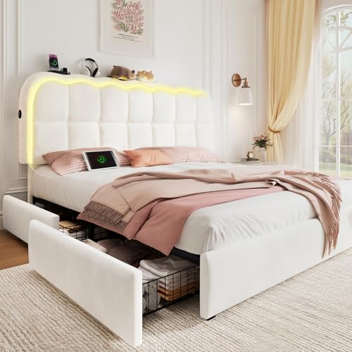 Queen Size Upholstered LED Bed Frame with 4 Storage Drawers and Adjustable Chic Clouds Headboard,Velvet Platform Bed with Charing Station, Wood Slats Support, No Box Spring Needed,White
