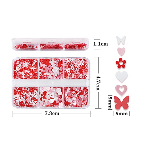 Heart Nail Art Glitter Valentines Day Nail Stickers Decals 3D Holographic Love Sequins Nail Supplies Pink Shiny Heart Flower Butterfly Nail Accessories For Women Girls Valentine Decor 6 Grids #TOP6