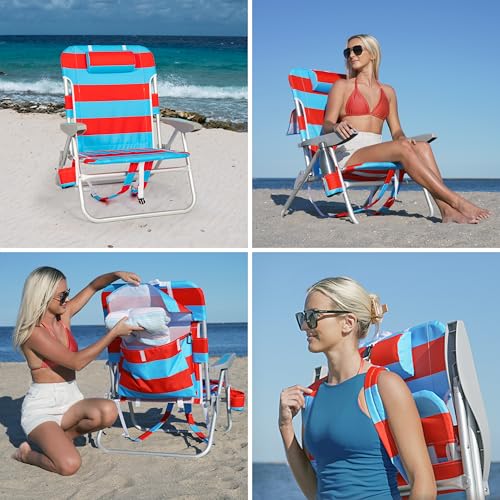 Image of Rio Beach 2-Pack Wide Big Boy 4-Position Backpack Beach Chair with Pillow, Arms, and Storage Pouch, Lightweight Outdoor Portable Camping Chair with Carry Straps, Supports up to 300 lbs., Blue /Red