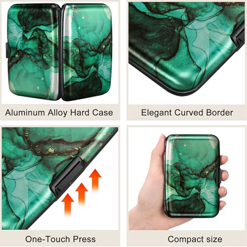 Image of ELFISH Mini RFID Aluminum Wallet Credit Cards Holder Business Card Case Metal ID Case for Men Women, Greenblack Marble, 4.33 x 2.95 x 0.75 inches, Compact