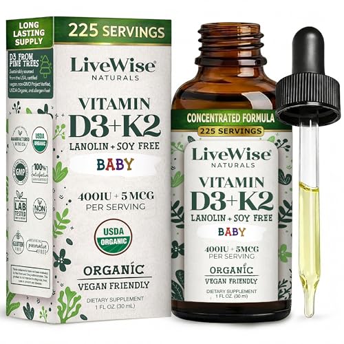 Image of Live Wise Naturals Vitamin D3 K2 Drops for Babies - Concentrated Formulation, 225 Servings at 400 IU, 5 MCG (MK-7), Micro-Dose Dropper, Gentle Daily Supplementation, Early Development & Precise Dosing