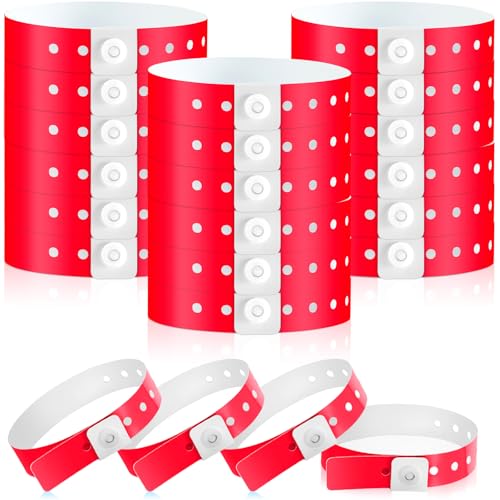 Image of Henoyso 300 Pcs Red Plastic Wristbands for Events Vinyl Waterproof Pool Wristbands Neon Color Plastic Bracelet for Party Events Arm Band Identification for Concerts Carnivals