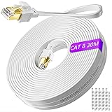Cat 8 Cable Ethernet 30 Metros, FTP Blindado RJ45 Cable de Red 30m Alta Velocidad 40Gbps 2000MHz Gigabit Plano Cable Internet LAN de Conexión para Router, Modem, PC, Switch, PS4/5, Blanco(30 Clips)