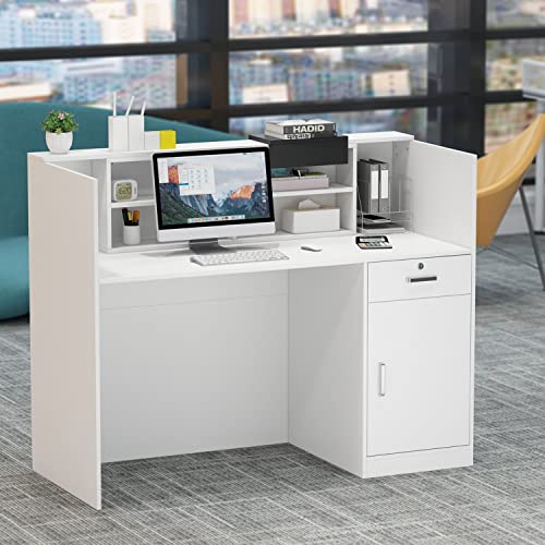 Didugo Reception Desk Front Desk Reception Counter With Moveable Shelves, Reception Desk With Counter, Lockable Drawer, Black Tapes, For Lobby Salon White (55.1”W X 23.6”D X 43.3”H) #TOP1