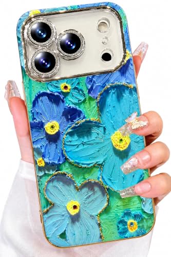 Elzzi Compatible with iPhone 17 Pro Case Oil Painting Flower Colorful with Lens Prtotection Shockproof PC+TPU Glossy Back Cover for Girls Women, Green