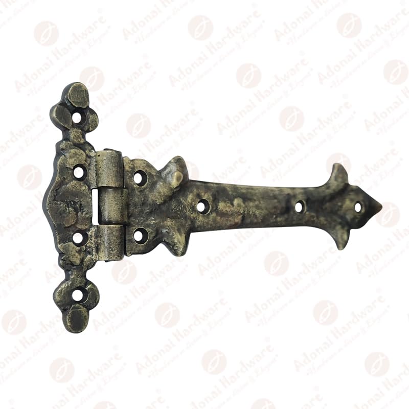 Image of Adonai Hardware Adonijah Antique Cast Iron Strap T Hinge (7.9 inch x 2 Pack, Antique Brass) for Barn Doors, Gates, Kitchen Cabinets, Sheds, Wooden Box, Furniture, Cedar Chest and Trunks