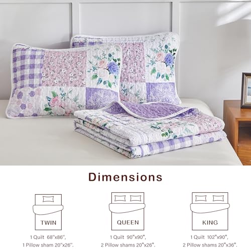 Juego de edredón floral de 3 piezas Queen en microfibra suave con dos fundas de almohada moradas 8