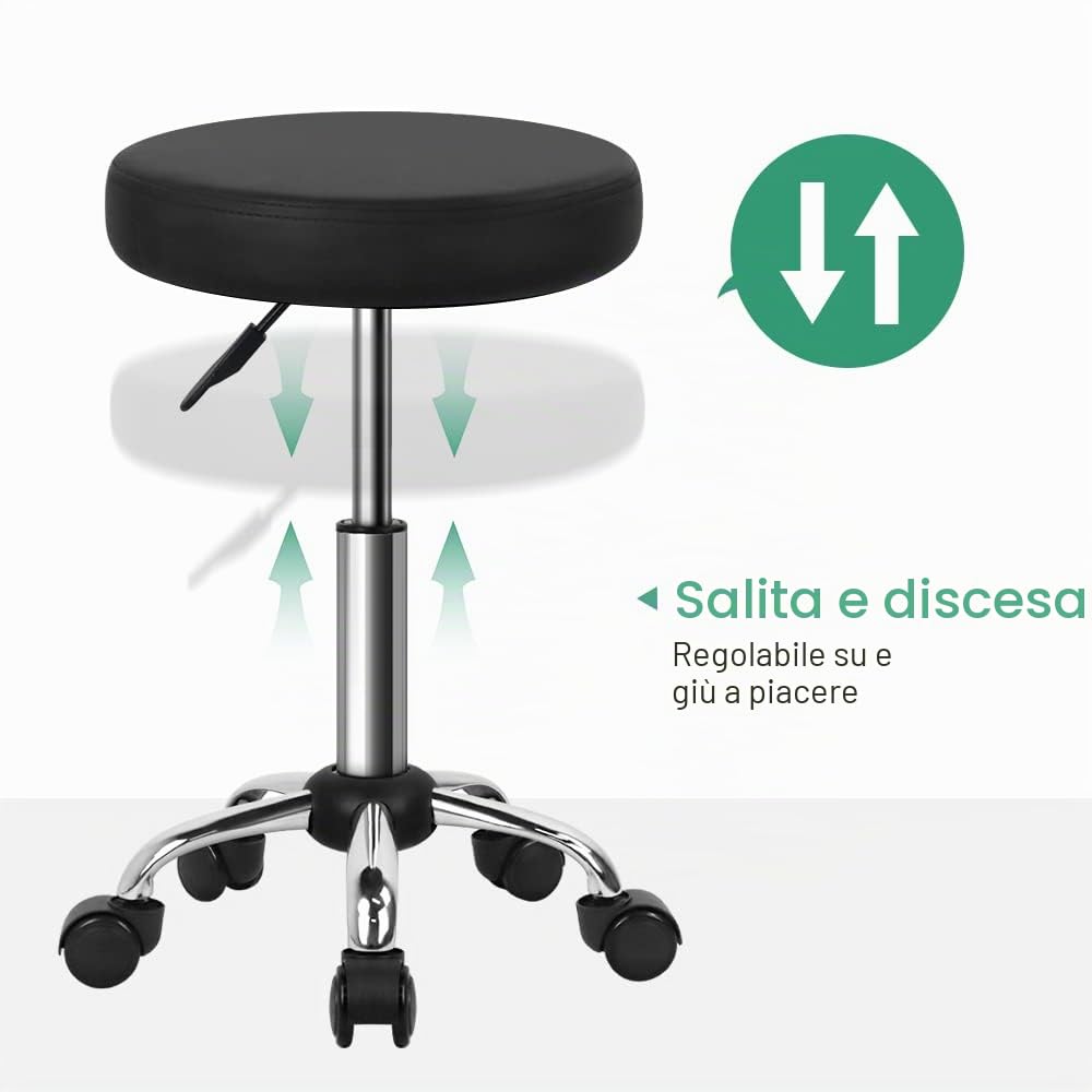 FURWOO Sgabello multiuso rotondo con ruote per spa regolabile sgabello da disegno (nero)