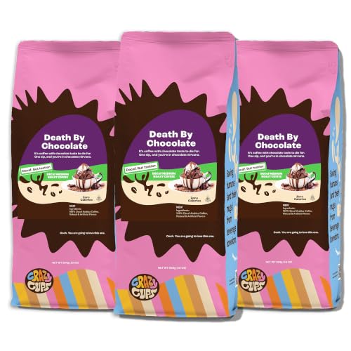 Crazy Cups Flavored Ground Decaf Chocolate Coffee, Decaffeinated Death By Chocolate Coffee in 10 oz Bag, For Brewing Flavored Hot or Iced Coffee, 3 Pack