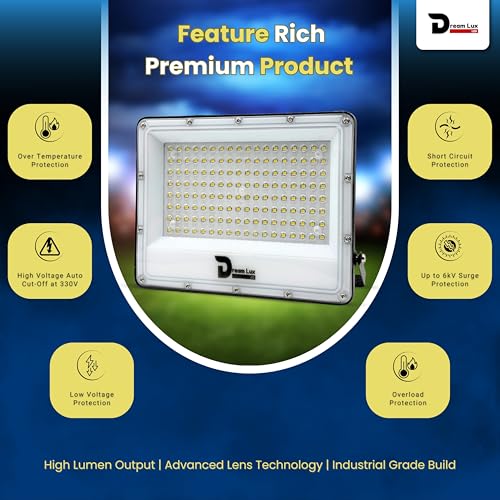 Image of Dreamlux LED Flood Light 100W, IP65 Waterproof Outdoor Light, Cool White 6500K, 130-140 lm /W, Aluminum Body, 6kV Surge Protection, BIS Certified Security Light (Pack of 3pc)