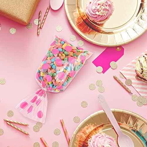 Aodaer 100 Pieces Pink Cellophane Bags Polka Dot Stripes Printed Pattern Goodie Gift Bags with Twist Ties for Birthday, Baby Showers, Weddings Party Supplies